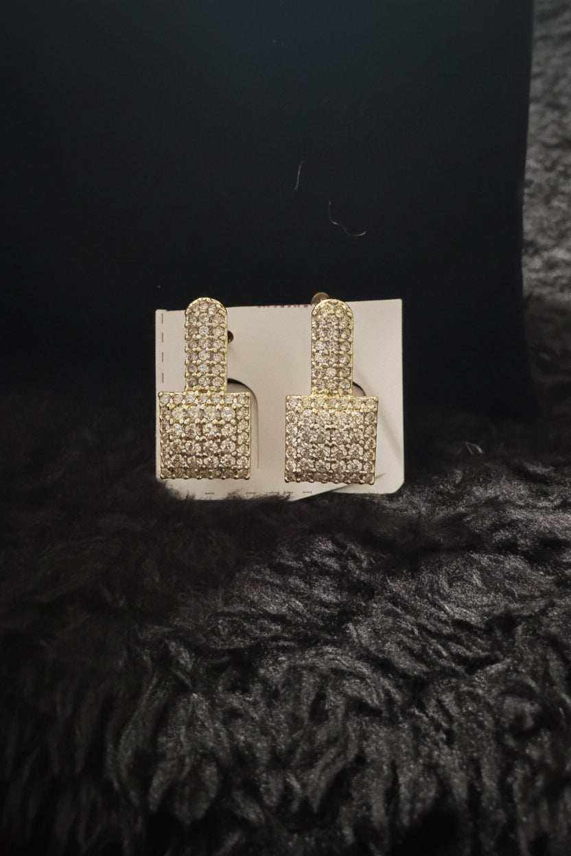 Golden Huggies earrings with gold-tone metal and pavé crystal-encrusted rectangular and oval shapes for a sparkling effect