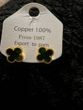 Green Clover Earrings with dark green clover-shaped stones and gold-tone beaded edges on copper posts