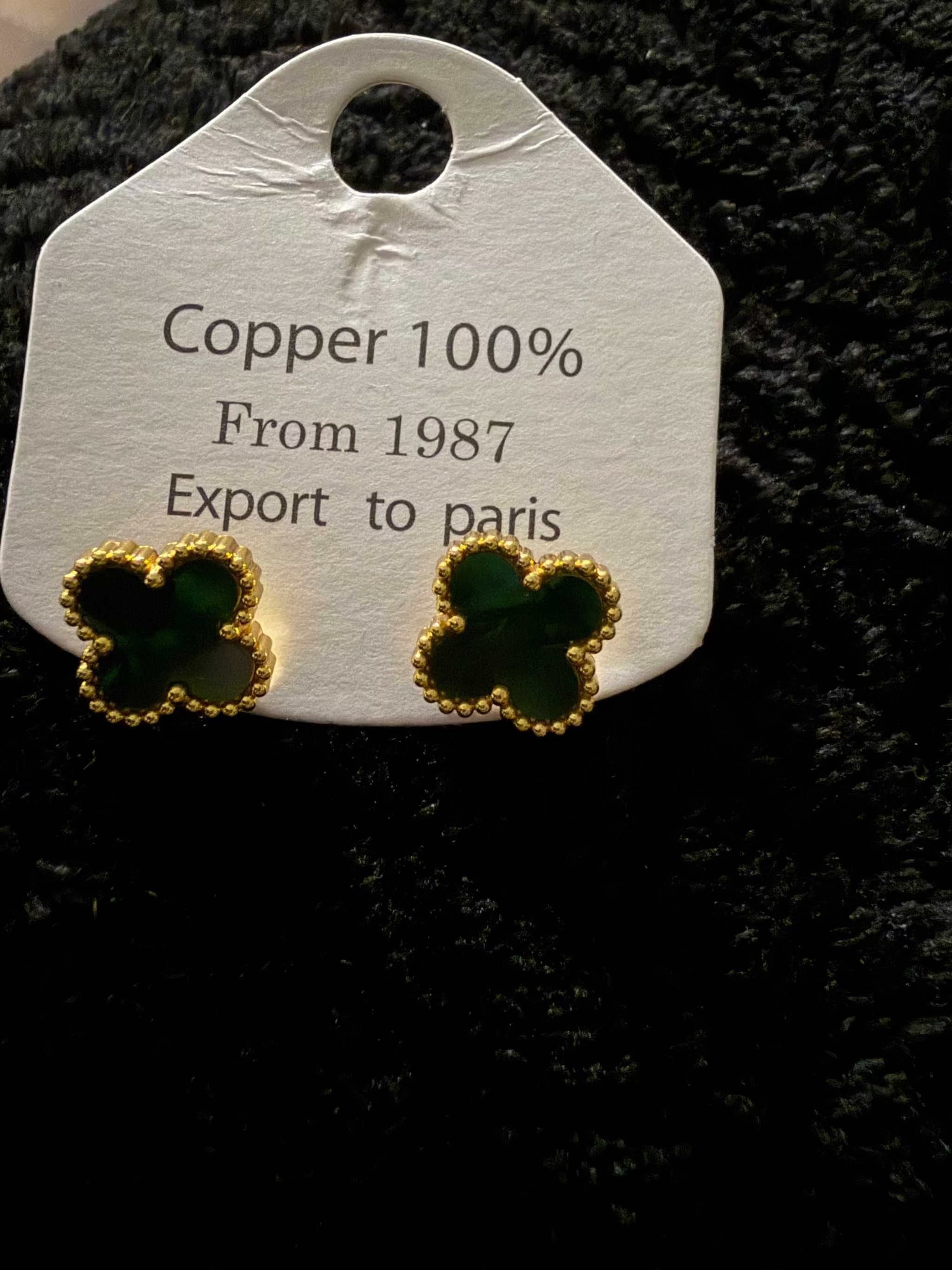 Green Clover Earrings with dark green clover-shaped stones and gold-tone beaded edges on copper posts